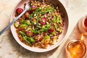 a recipe photo of the Farro & Vegetable Bowls with Lemon-Shallot Herb Sauce