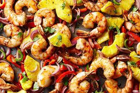 spicy jerk shrimp and pineapple on a sheet pan