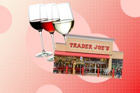 a collage featuring a Trader Joe's storefront and 3 wine glasses filled with red, rose, and white wine