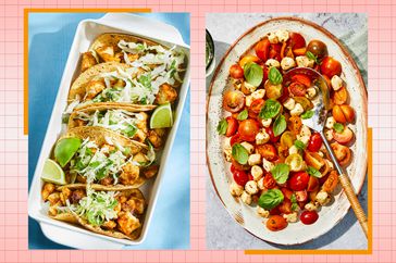 a side by side of the EatingWell Chipotle Tofu Tacos and Caprese Salad