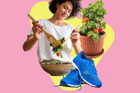a collage featuring a woman making a salad at home, a tomato plant, and a pair of running shoes