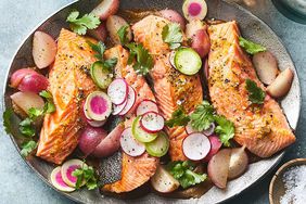 Oven-Baked Salmon with Charred Onions & Old Bay Radishes