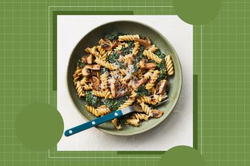 a recipe photo of EatingWell's Chickpea Pasta with Mushrooms & Kale