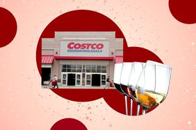 a photo of a Costco storefront and different types of wines in a glass