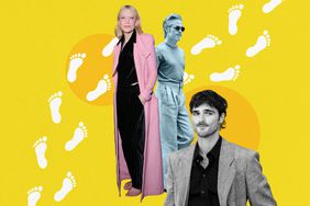 a collage featuring Cate Blanchett, Chris Pine, and Jacob Elordi to show some of the examples of recent celebrity barefoot outings