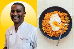 a side by side of Chef JJ Johnson and his Curried Rice & Chickpeas with Eggs recipe