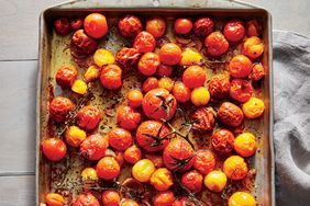 Cherry Tomato Confit recipe on a baking sheet