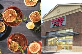 a diptych of cocktails with a orange, herb, and cranberry garnish on the left and a storefront of a Trader Joe's on the right