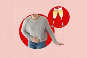 a collage of someone with a sore stomach and two glasses of champagne clinking