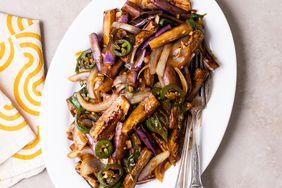 Overhead view of a white plate of Easy Eggplant Stir-Fry recipe