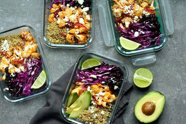 containers of chipotle-lime cauliflower taco bowls