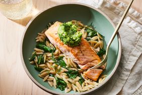 a recipe photo of the Skillet Salmon with Orzo & Green Pea Pesto