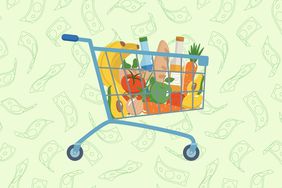 an illustration of a grocery store cart filled with food and dollar signs behind it