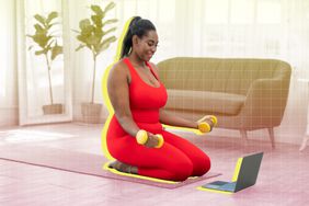 a photo of a woman exercising at home on a yoga mat