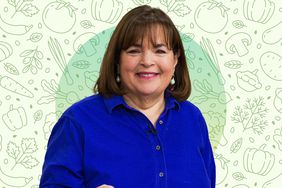 Ina Garten on a background of illustrated vegetables