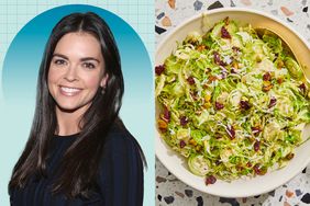 a siode by side of Katie Lee Biegel and Eatingwell's Shaved Brussels Sprouts Salad