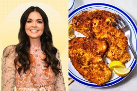a side by side of Katie Lee Biegel and EatingWell's Air-Fryer Chicken Cutlets