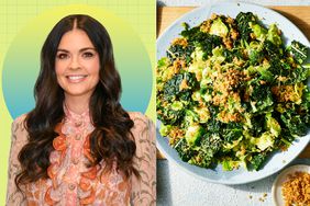 a side by side of Katie Lee Biegel and EatingWell's Kale & Shaved Brussels Sprouts Salad with Avocado Caesar Dressing