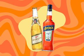 a side by side of a Miller High Life and Aperol