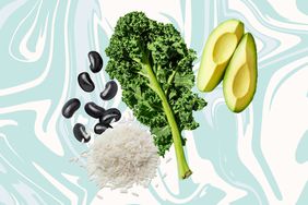 a collage featuring kale, avocado, black beans, and rice
