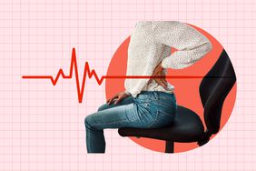 a photo of a person sitting in a chair with a heart beat monitor overlaid