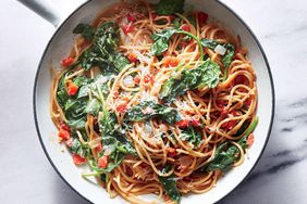 One-Pot Pasta With Spinach and Tomatoes in a pot