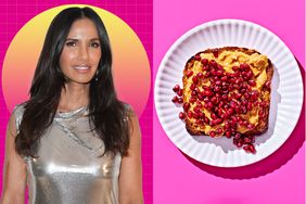 a side by side of Padma Lakshmi and EatingWell's Peanut Butter & Pomegranate Toast