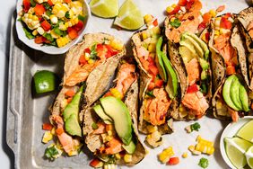 a recipe photo of the Roasted Salmon Tacos with Corn Pepper Salsa