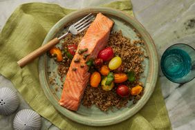 a recipe photo of the Sheet-Pan Salmon with Crispy Quinoa