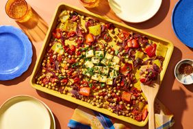 a recipe photo of the Sheet-Pan Baked Feta, Bell Peppers, Red Onion, Cherry Tomatoes & Chickpeas