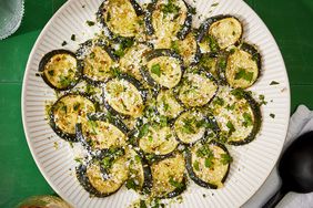 a recipe photo of the Smashed Zucchini with Lime, Cotija & Cilantro