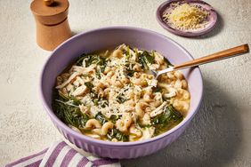 a recipe photo of the Spinach & Chicken Noodle Soup with Lemon & Parmesan