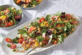 A Hearty Farro and Chickpea Salad With Just 252 Calories in a serving dish