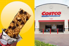 a side by side of the protein bar and Costco storefront
