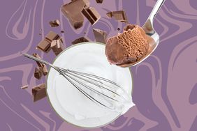 a collage featuring broken pieces of chocolate, a bowl of aquafaba with a whisk on top, and a spoonful of mousse 