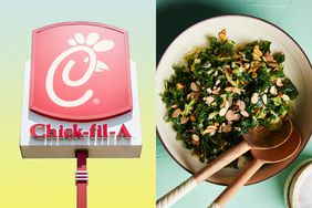 a side by side of a Chick-fil-a sign and EatingWell's Copycat Chick-fil-A Kale Salad