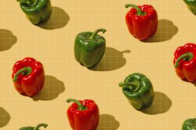 Image of red and green bell peppers on a grid background