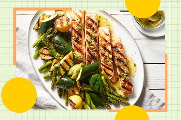 a recipe photo of the Grilled Salmon & Vegetables with Charred Lemon-Garlic Vinaigrette