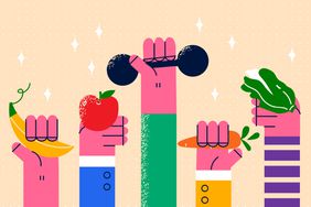 a photo of various illustrated hands holding up fruits, vegetables, and an exercise weight