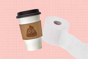 a collage featuring a coffee to-go cup and a roll of toilet paper